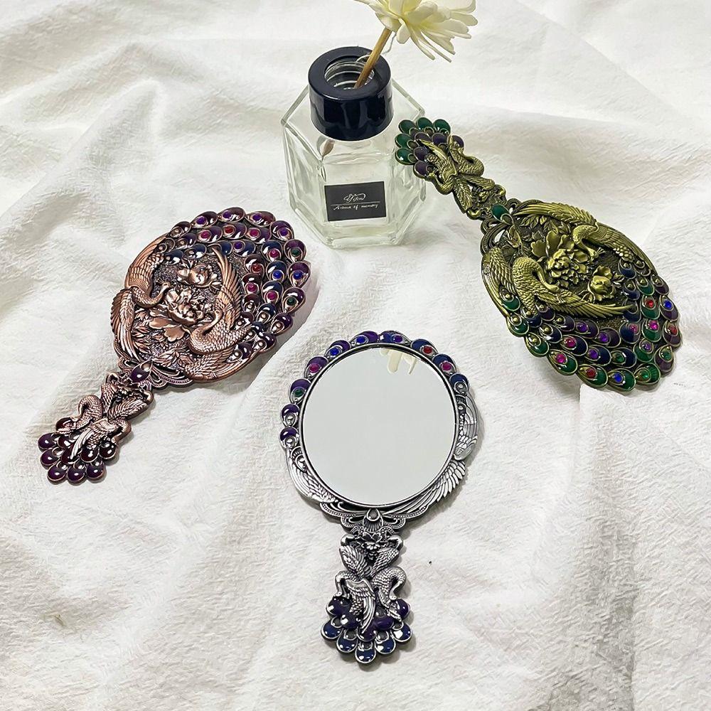 Peacock Open Screen Retro Small Mirror with Metal Handle Handheld Cosmetic Comb