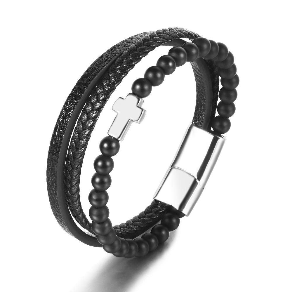Stainless Steel Natural Tiger Eye Agate Cross Bracelet Men's Titanium Steel Multi-layer Woven Leather Bracelet