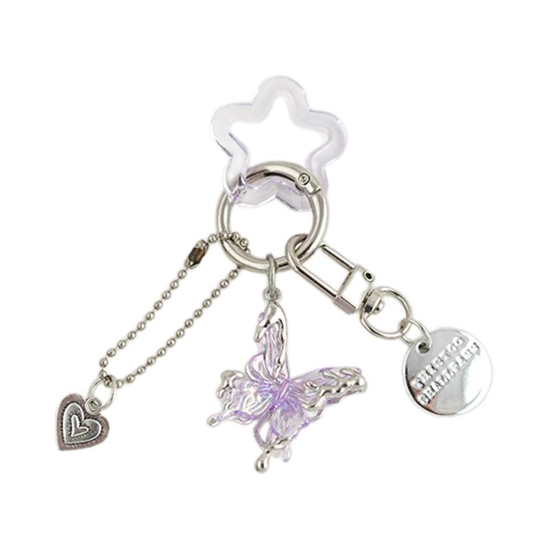 Porte-clés Pendentif Cœur Papillon Coloré Alliage Porte-clés Étoile Décoration de Sac Accessoire de Mode pour Femmes et Filles