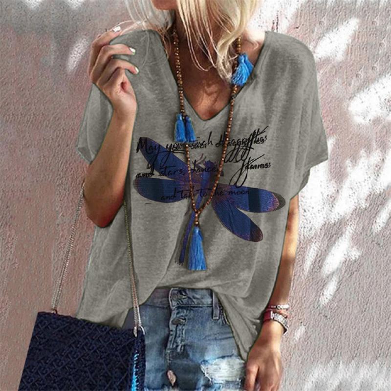 

Женская футболка с 3d принтом стрекозы для девочек, верхняя уличная футболка с v-образным вырезом и короткими рукавами, летняя повседневная футболка для женщин, новинка M