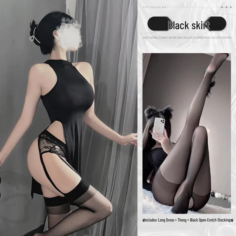 770 Plus Size Sexy Lingerie Slit Cheongsam Dress - Buttock-Revealing Summer Pajamas for Women, High Elasticity, Ideal for Roleplay
