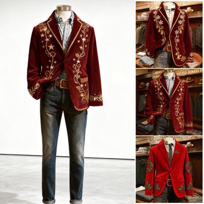 Men Corduroy Suit Coat Single-Breasted Suit Jacket Lapel Long Sleeve 3D Christmas