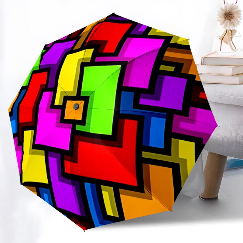 1pc Colorful Squares Automatic Opening/Closing Folding Umbrella with 108 Ribs, Plastic Handle, Windproof Portable Sunshade Umbrella Hallowee