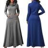 Plus Size Autumn Women Solid Color Cowl Neck Long Sleeve Maxi Dress with Pockets