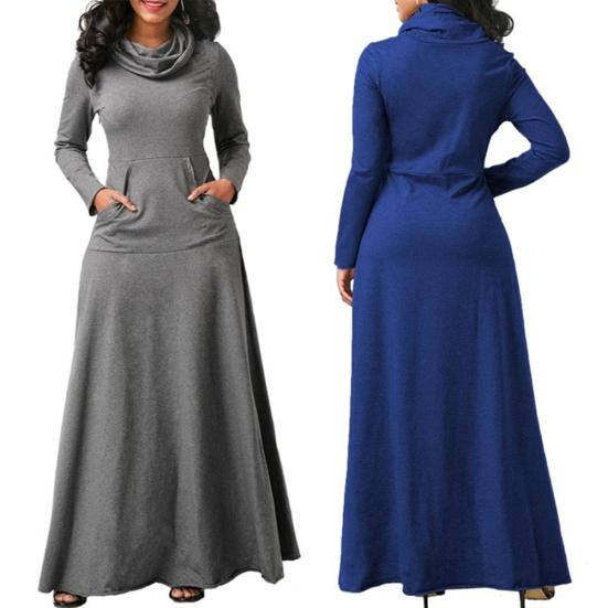 Plus Size Autumn Women Solid Color Cowl Neck Long Sleeve Maxi Dress with Pockets