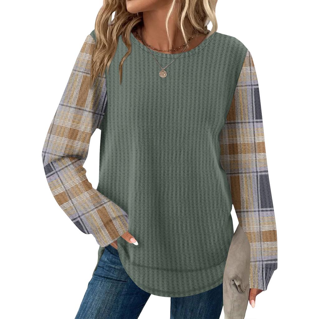 Women's Plaid Print Round Neck Long Sleeve Casual Loose Top