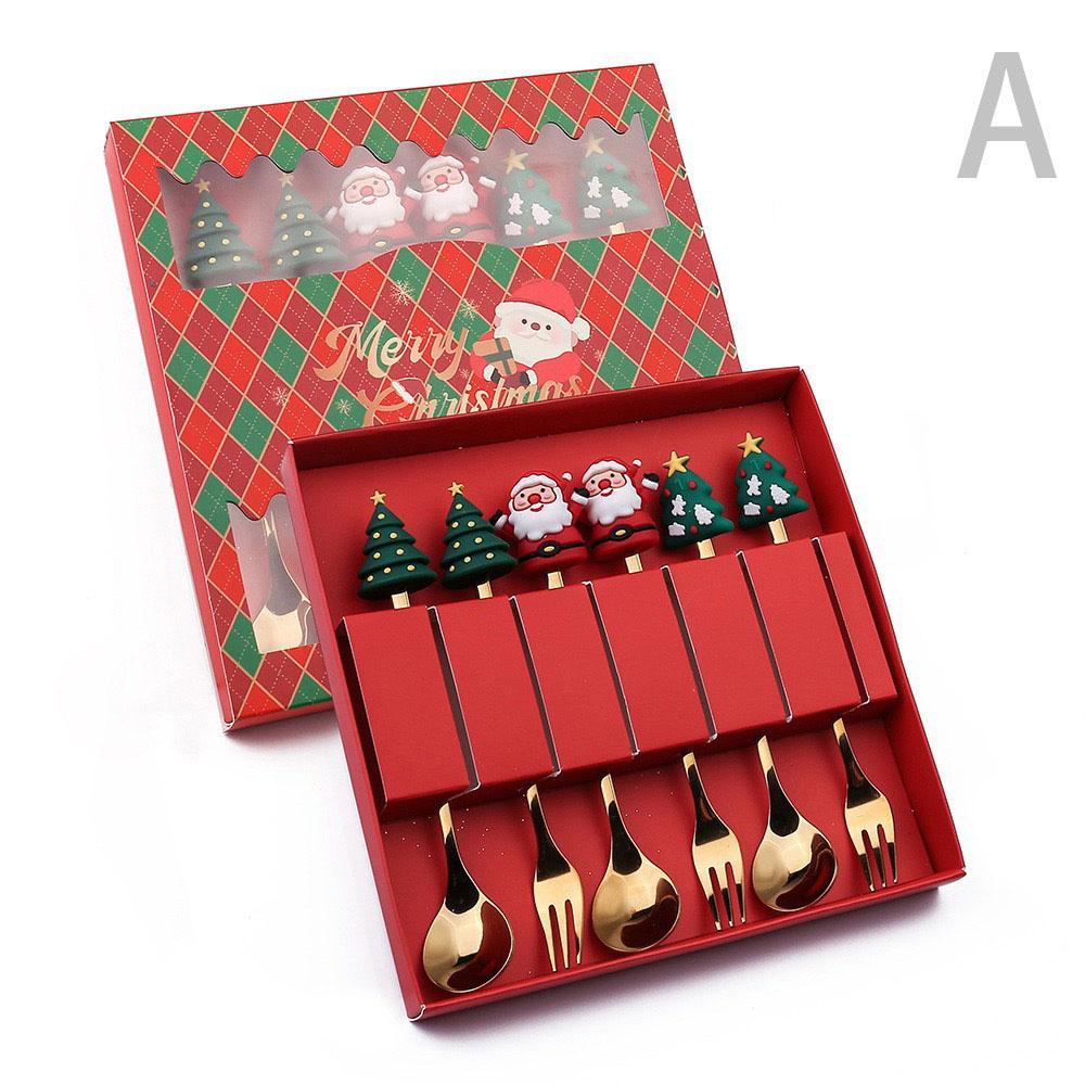 6Pcs Christmas Fork and Spoon Set Stainless Steel Creative Tableware Coffee Tea Dessert Forks and Spoons Gift Set