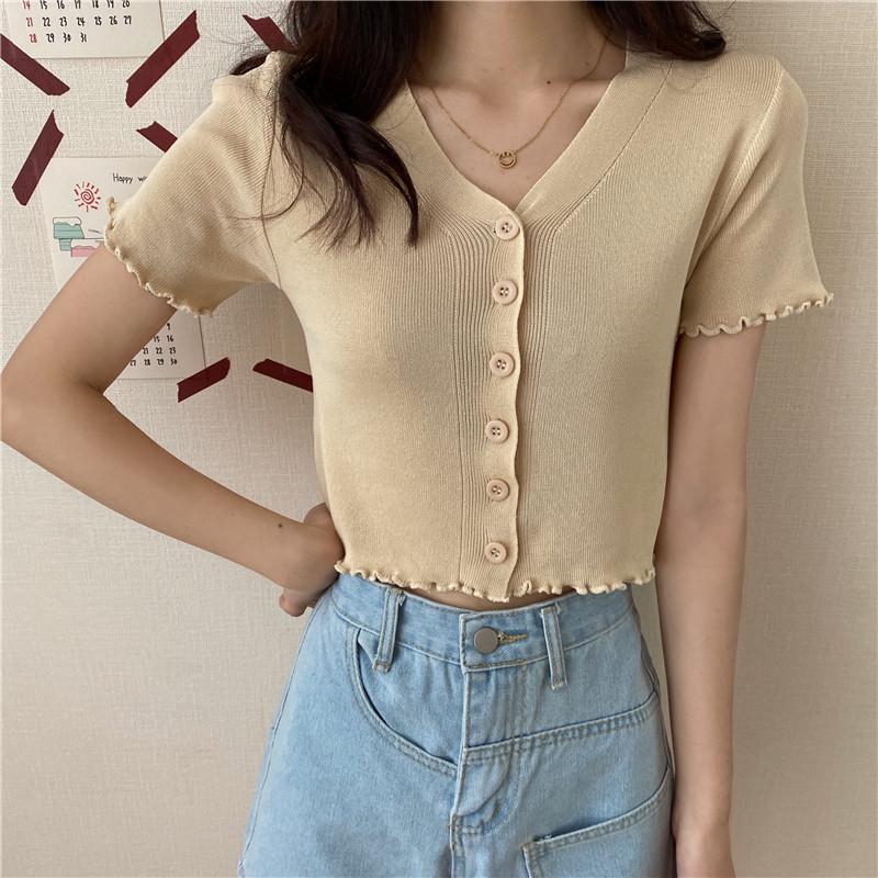 Fashion Versatile Fashionable V-neck Short Revealing Top Outside The Thin Section of Short-sleeved Knit Sweater Female Casual Slim Fit Pullovers Tees