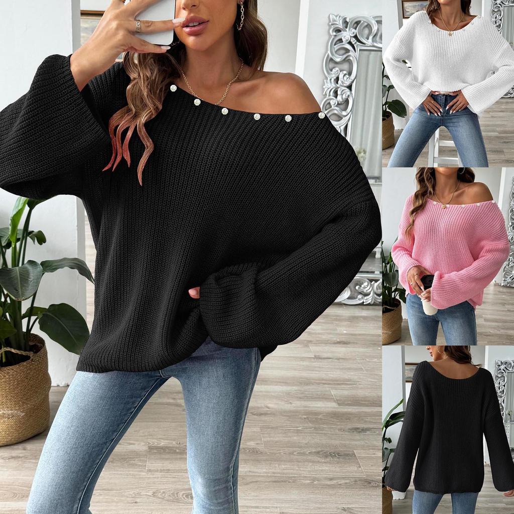 Women's Plus Size Pullover Sweater Beaded Top Simple Loose One Neck Strapless Flared Sleeve Sweater