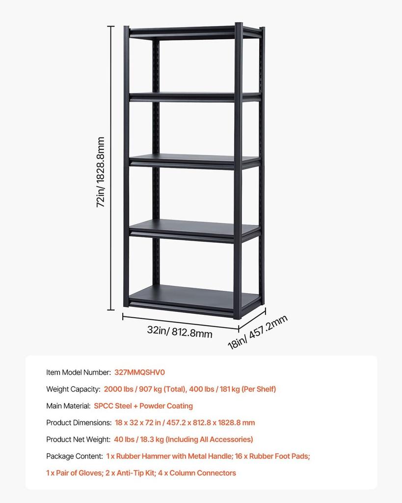 Storage Shelves 18" D X 32" W X 72" H 5-tier Garage Storage Shelving