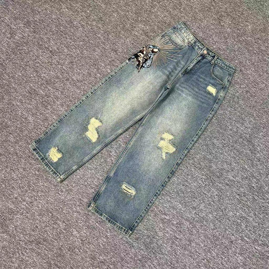 High Quality Y2K Harajuku Jeans Goth Vintage Plum Blossom Embroidery Pattern Wide Leg Pants Denim Fabric American Style Street Wear Unisex