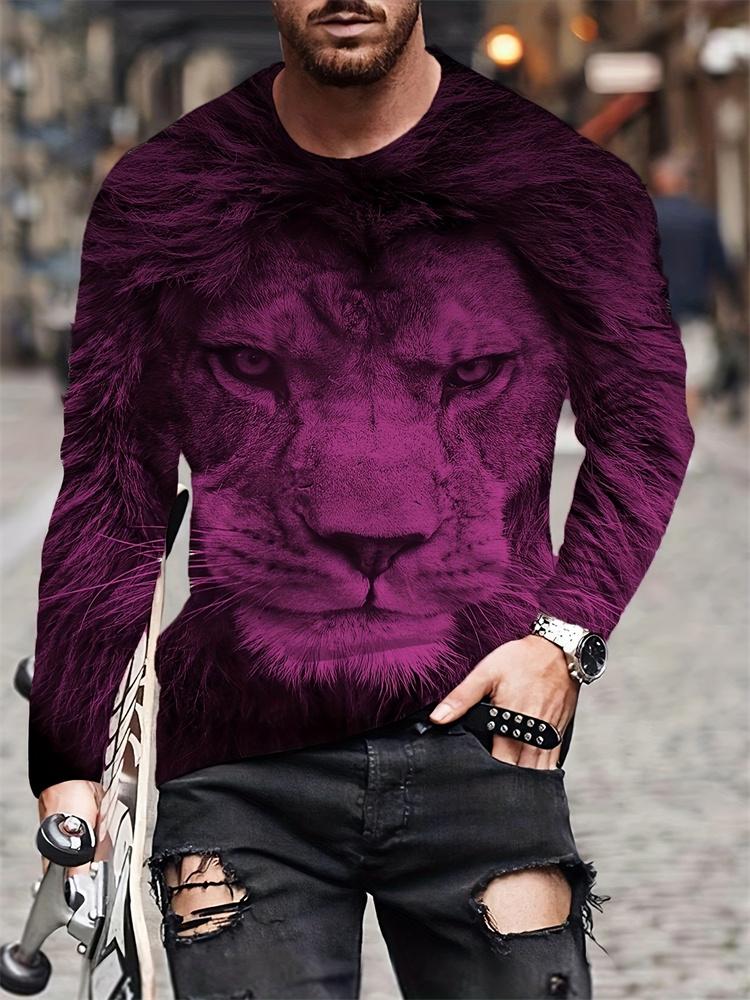 Men Black & White Lion Print Long Sleeve T‑Shirt Spring & Autumn Daily Casual Streetwear Top