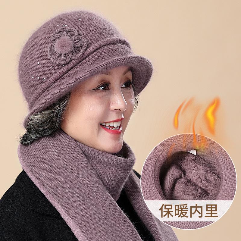 Hat Female Autumn and Winter Elderly Person Scarf Warm Middle and Old Lady Winter Rabbit Wool Mother Wool Hat Fleece Basin Hat