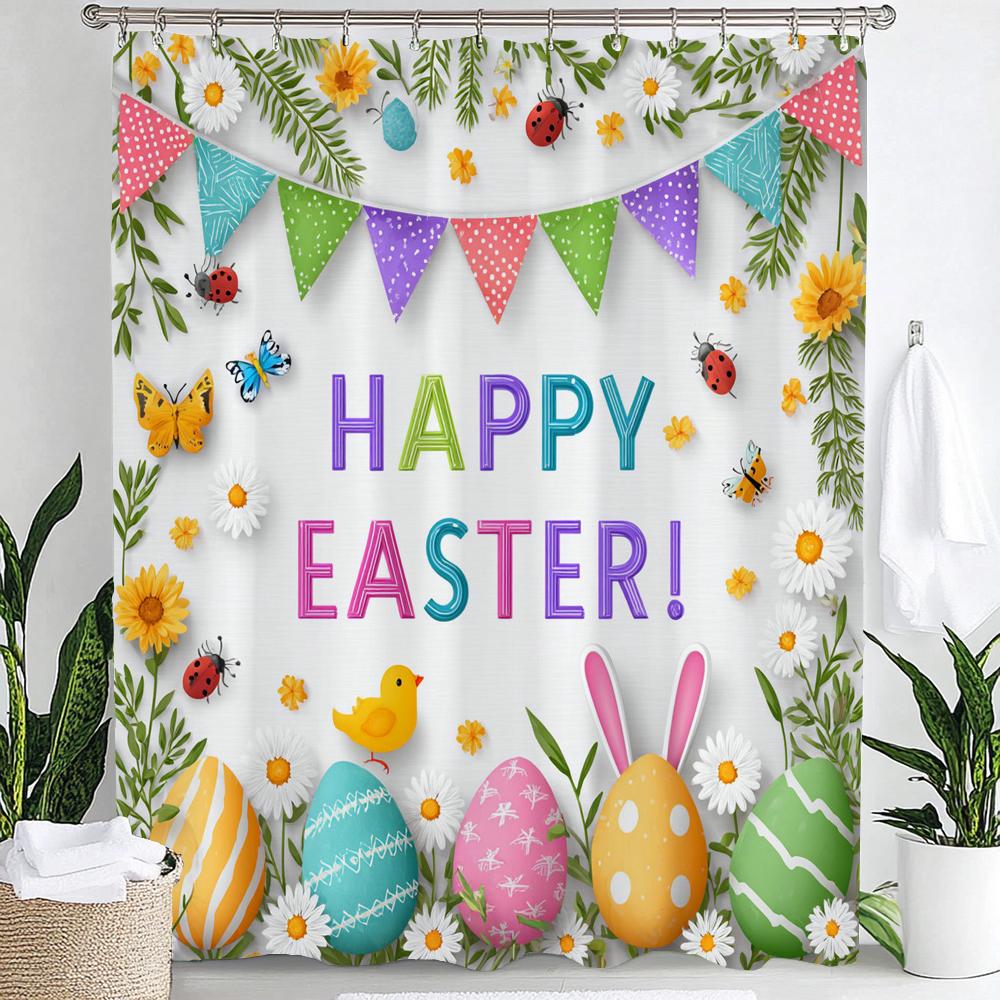 

Cute Bunny Shower Curtain, Egg Happy Easter Floral Spring Bathroom Curtain, Modern Decorative Fabric Home Curtain With Hooks W60H190(CM)-1 Pcs