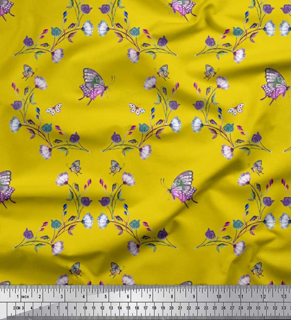 

Японська креп-атласна тканина Soimoi з квітковим принтом і метеликами та польовими квітами 1 метр 42 дюйма 42 Inch Wide - Poly Crepe жовтий
