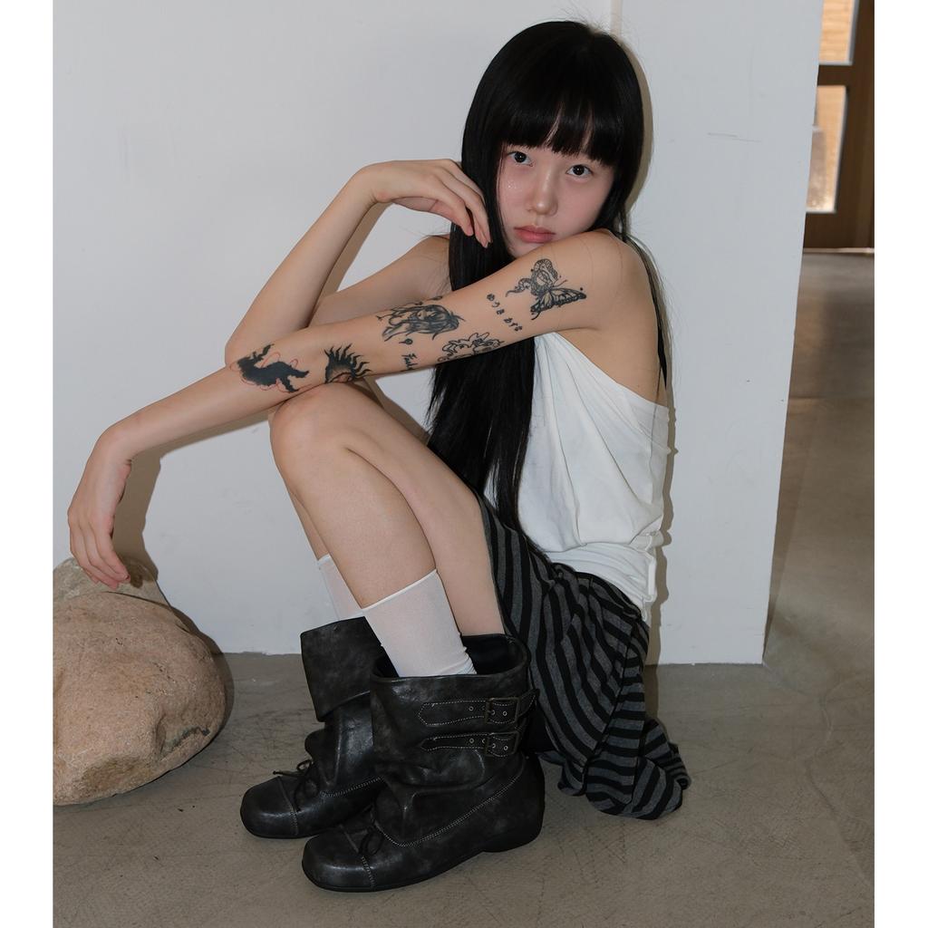 Retro Old Short Tube Pleated Black Boots Bow Short Boots Ballet Double Buckle Decorative Locomotive Short Boots Women'S