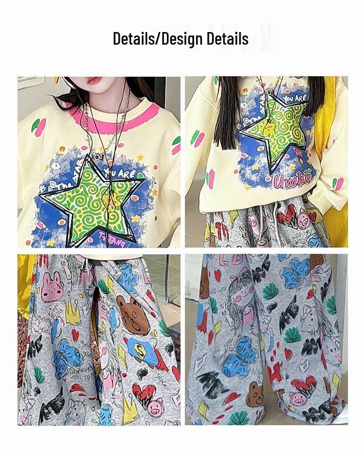 Girls' Trendy Korean Style Hoodie & Wide-Leg Pants Set with Cartoon Design - Casual Spring/Autumn Two-Piece Sportswear