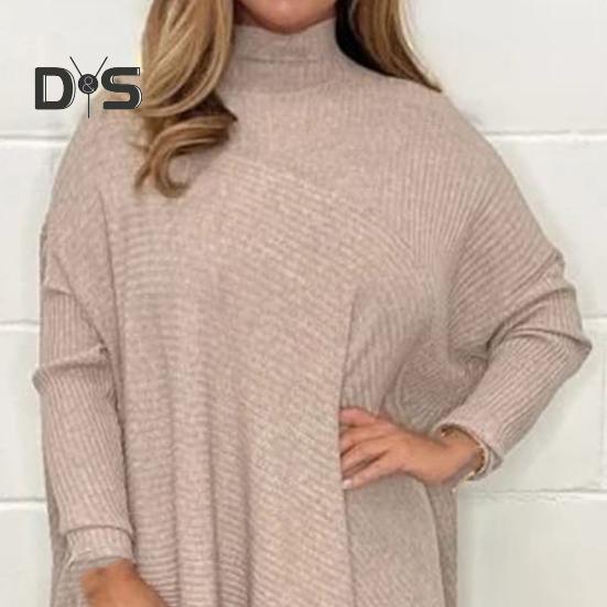 Women Tops High Collar Long Sleeve Solid Color Irregular Hem Pullover Tops Loose Fit Ribbed Tee Tops Daily Wear