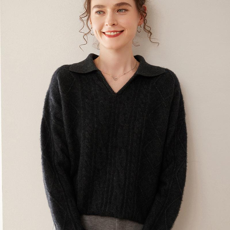 Women's Long Sleeve Three-Strand Twisted Cashmere Polo Sweater - Soft, Loose, Fashionable, and Skin-Friendly