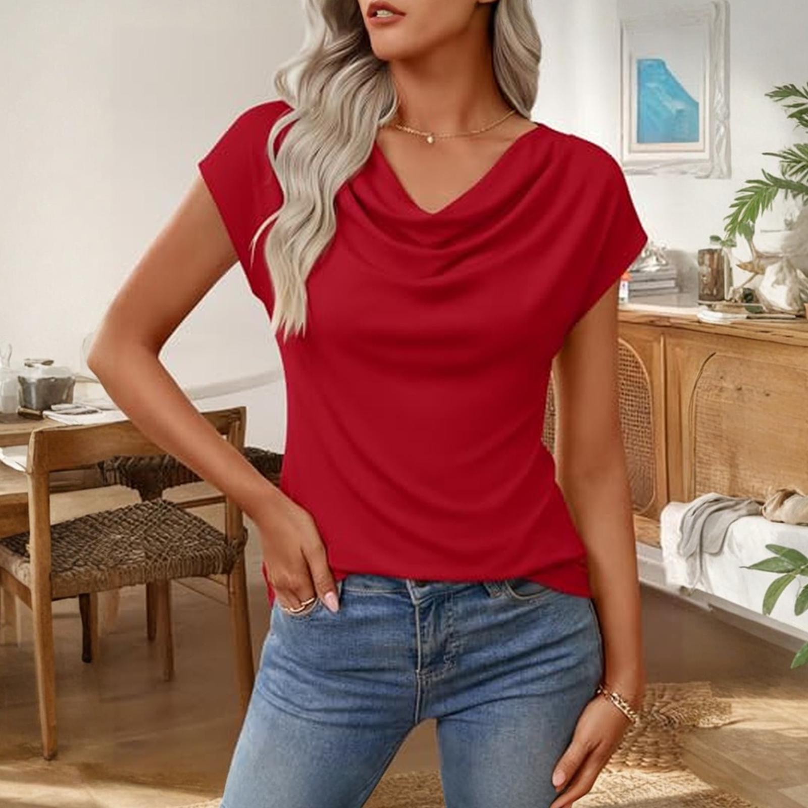 Women s Summer Business Casual Cowl Neck Knit Short Sleeve Tops M красный
