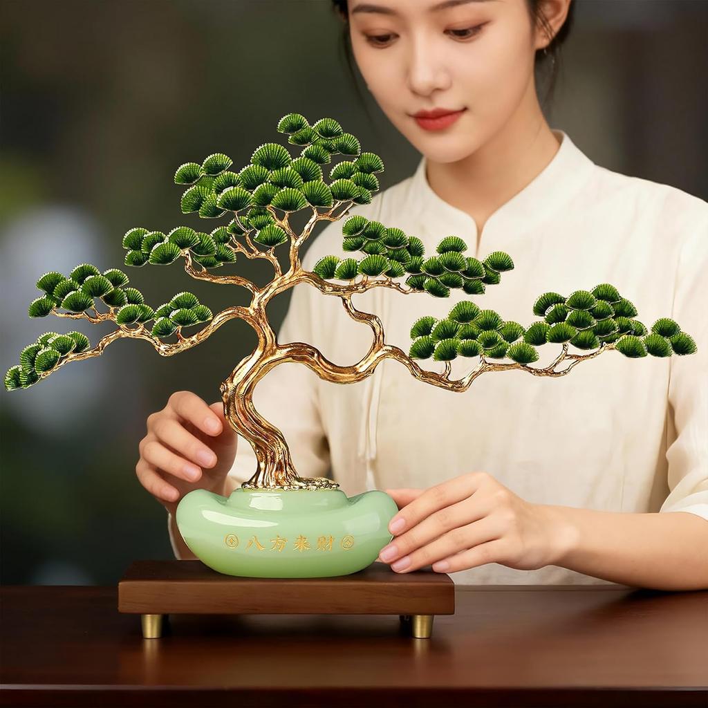 Aris & Juno Alloy Welcome Pine Fortune Tree with Golden Ingot, Modern Chinese Style Wealth Sculpture, Glass Enamel Decor for Home Office Desk