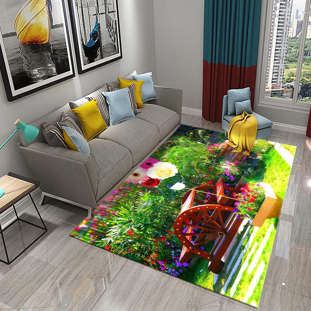 3D Garten Thema Teppich Bunte Blumen und Pflanzen Teppich für Schlafzimmer Bodenmatte Fußmatte Badezimmer Rutschfeste Matte Teppich Heimdeko