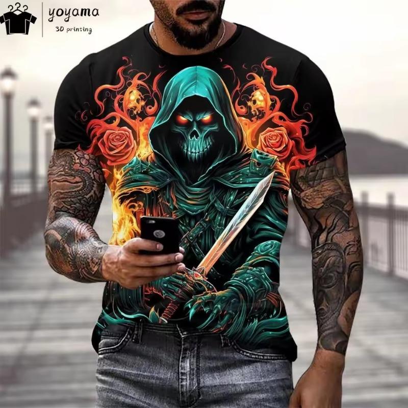 Skull Print Graphic T Shirts Gothic Style T Shirt Men Horror Theme Mens Clothing Men's Short Sleeve Tee Oversized T-shirt Tops