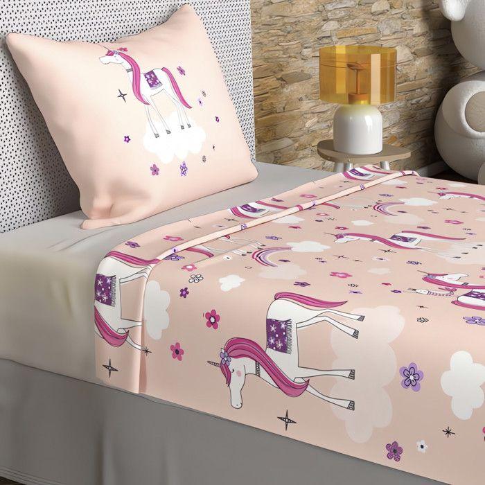 Parure de draps 180x290 cm LICORNES rose, 100% coton 57 fils/cm2, par Soleil d'Ocre