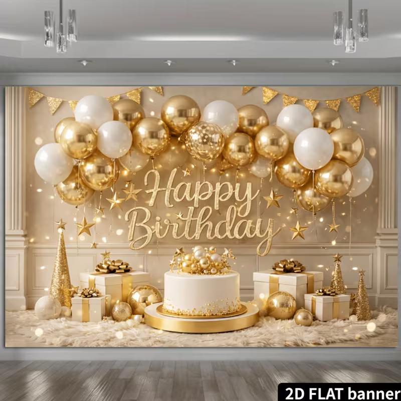 2D Luxury Gold White Balloon Birthday Backdrop with Warm Lights