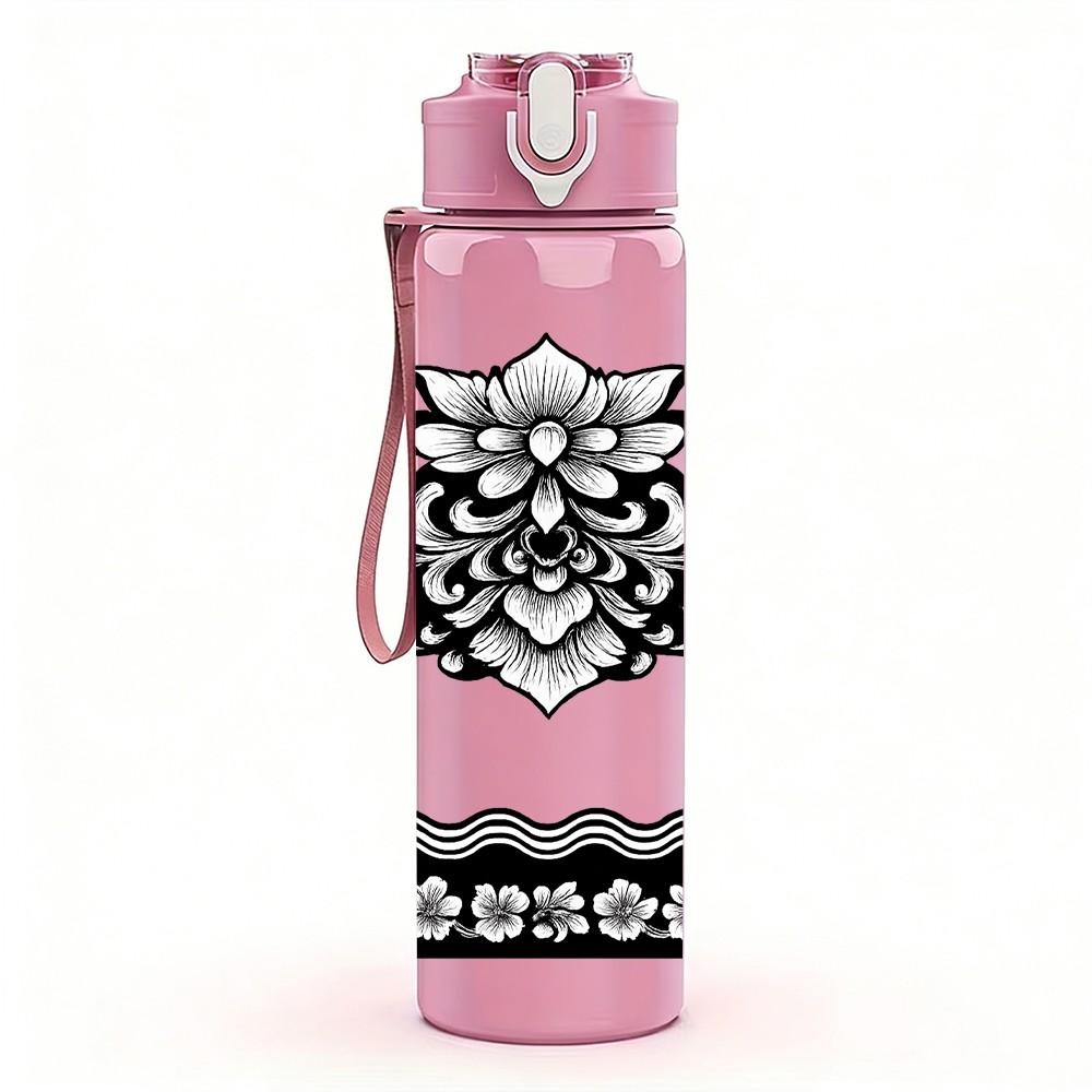 1PC Black White Lace Damask Ornament Print 750ml Color Plastic Sports Water Bottle Leakproof Flip Straw Lid Suitable for Sports Office Home Use