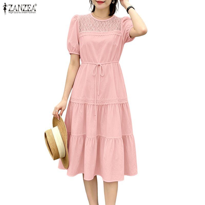 ZANZEA Womens Lace Patchwork Casual Round Neck Short Sleeve Elegant Dress