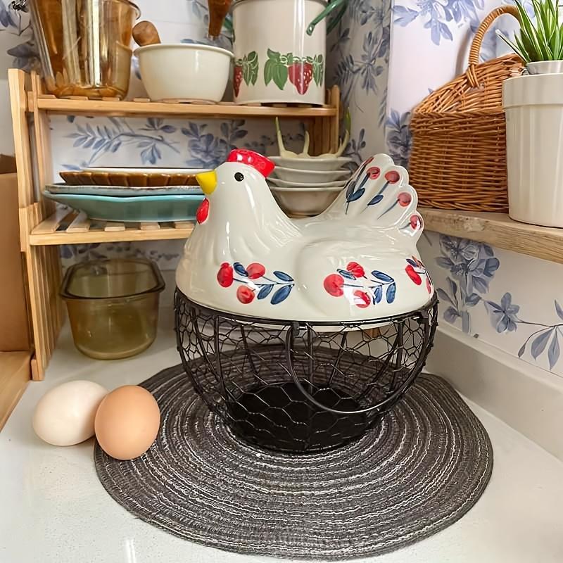 1pc Farmhouse Hen-Shaped Ceramic Egg Baske -Ceramic Egg Holder with Lid,Rustic Kitchen Organizer for Fruits/Veggies