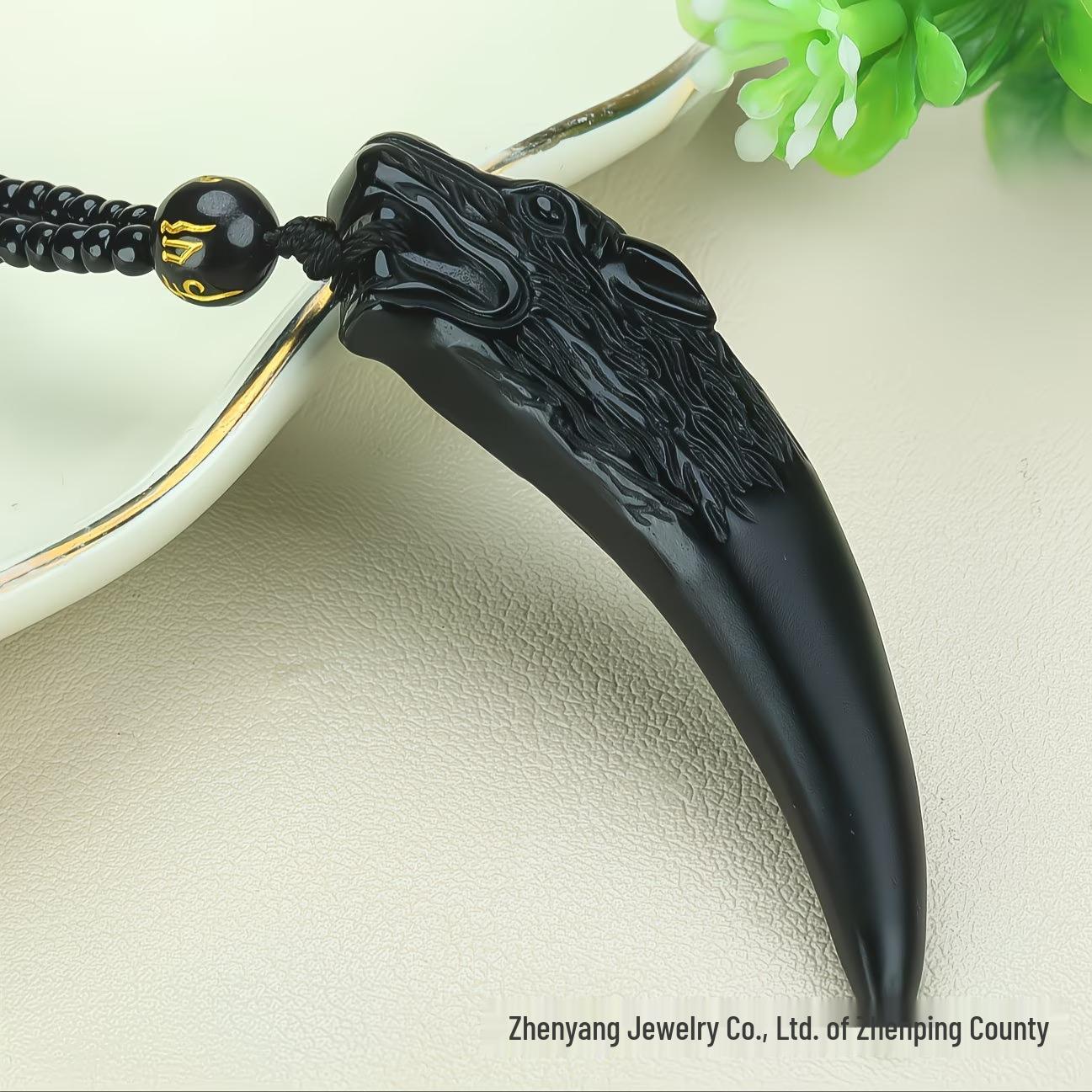 Men s Natural Obsidian Wolf Tooth Pendant - Forest Style Korean Dog Amulet Necklace