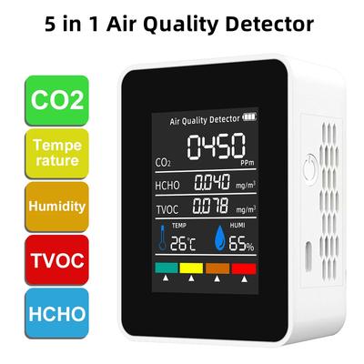 Ανιχνευτής Ψηφιακής Ποιότητας Αέρα 5 σε 1 CO2 HCHO TVOC Θερμοκρασία Υγρασία Μόνιτορ Ελεγκτής Διοξείδιο του Άνθρακα LCD Επαναφορτιζόμενος Ανιχνευτής