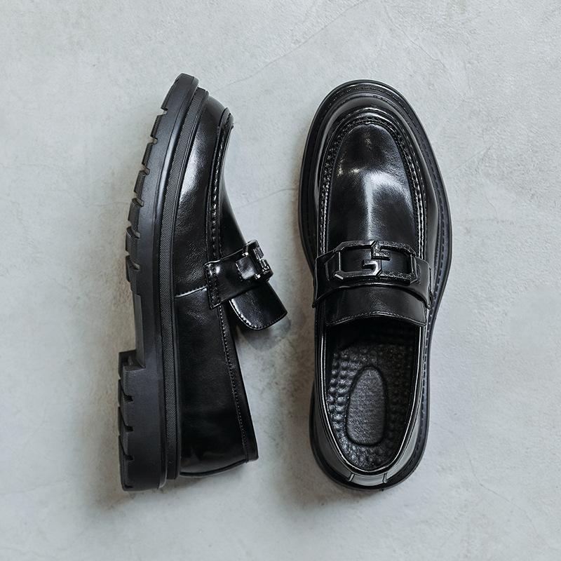 Small Leather Shoes Men'S Large Size New British Style Round Head Shoes Black Platform College Style Loafers 3501-T