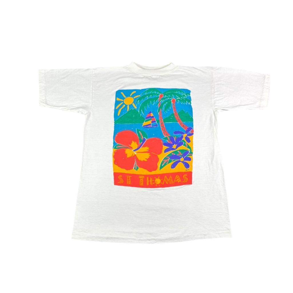 Vintage St Thomas T Shirt White Neon Tropical Hibiscus Palm Tree Single Stitch