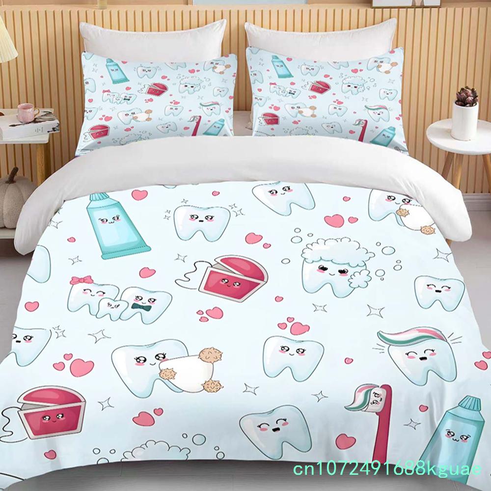 Cute Cartoon Teeth Print Bedding Set Duvet Cover 1 Duvet Cover 2 Pillowcases Adult And Children Bedding Set Luxury Bed Cover Set