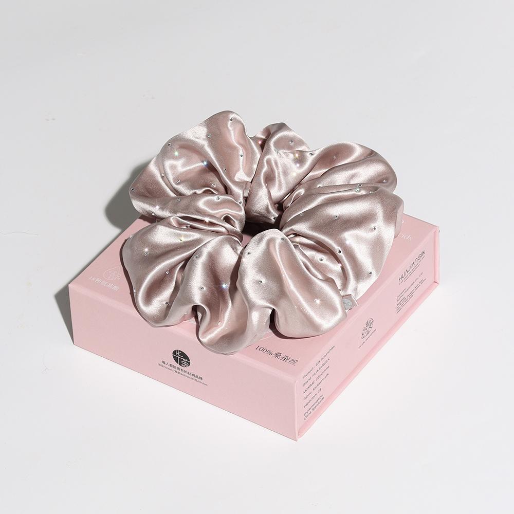 Custom Logo 22momme Rhinestone 8cm Silk Scrunchies Small Batch Customization Silk Hair Tie