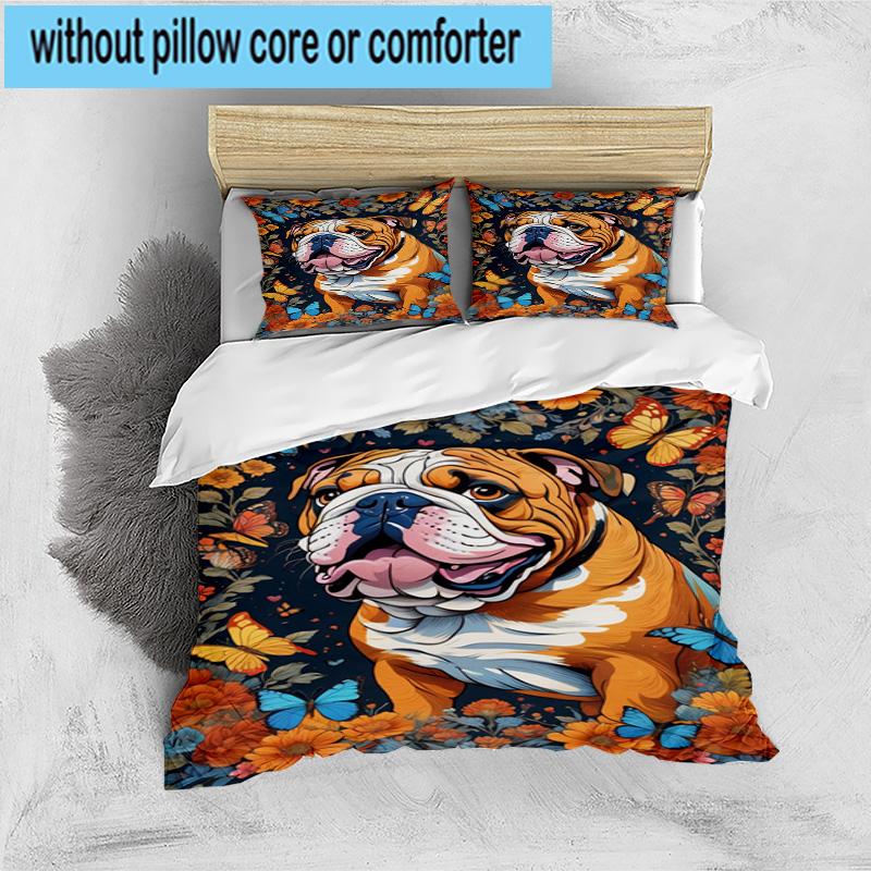 Butterflies And Bulldog Garden 3pcs Bedding,Including 1pc Duvet Cover And 2pcs Pillowcases Perfect for Christmas,Ideal for Bedroom, Dormitory