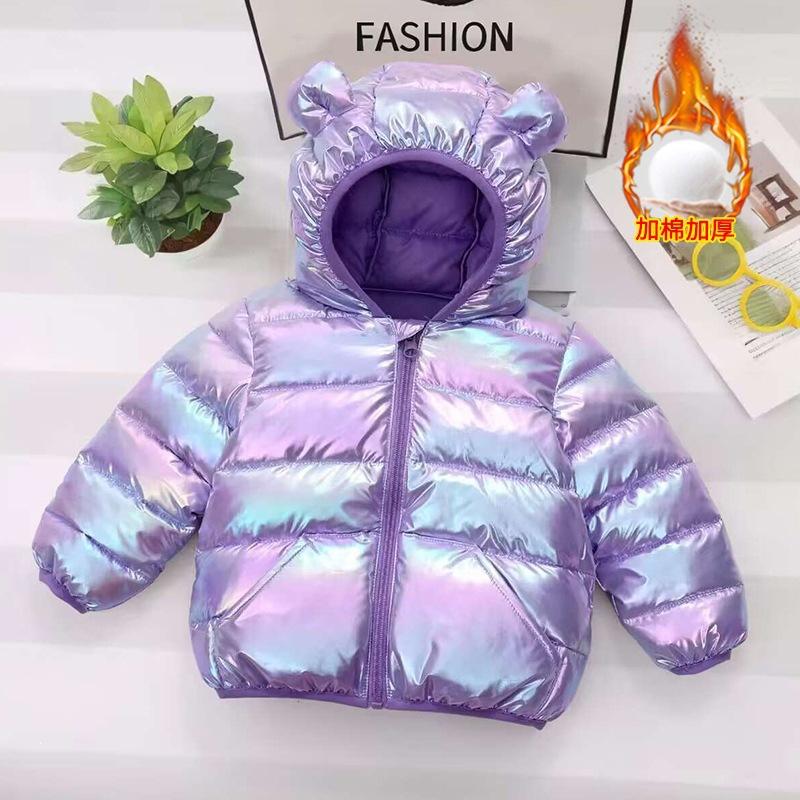 2-6 Years Kids Fashion Colorful Shiny Down Cotton Jacket Autumn Winter Boys Girls Cartoon Ear Hooded Zipper Coat