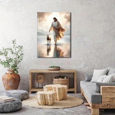 1pc Canvas Painting - Jesus & Lamb Walks On Water Bible Verse Art - Religious Christian Wall Decor with Jesus & Lamb  for Living Room Decor