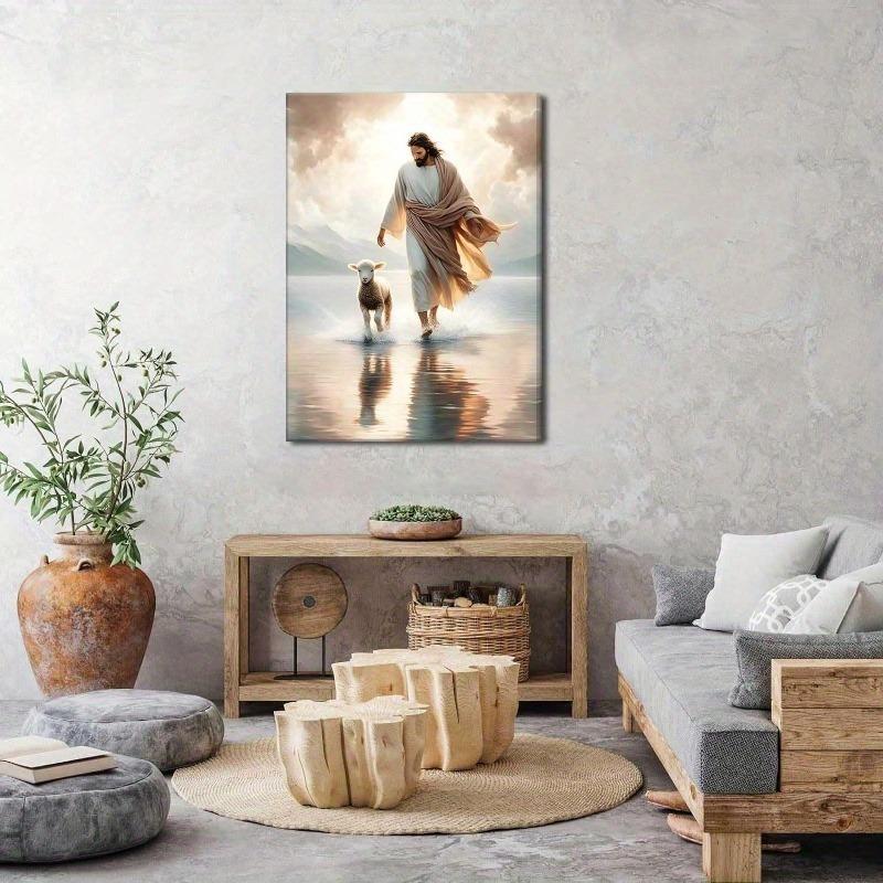 

1pc Canvas Painting - Jesus & Lamb Walks On Water Bible Verse Art - Religious Christian Wall Decor with Jesus & Lamb for Living Room Decor 20x30cm