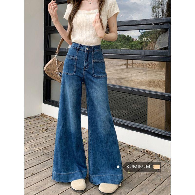 American Retro Loose Washed-out Denim Women's Autumn High-Waisted Boot-Cut Pants Easiest for Match Small Straight-Leg Pants Loose Pants