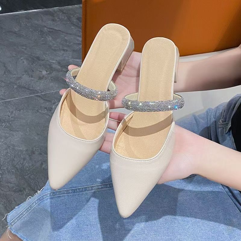 Elegant Temperament Rhinestone High Heel Pointed Toe Slippers Women's 2025 New Outer Wear Half Drag High-end Versatile Women's Shoes