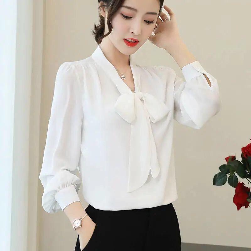 Spring Autumn Elegant Fashion Scarf Collar Lace Up Shirt Women Long Sleeve Solid Collar Pullover Blouse Top