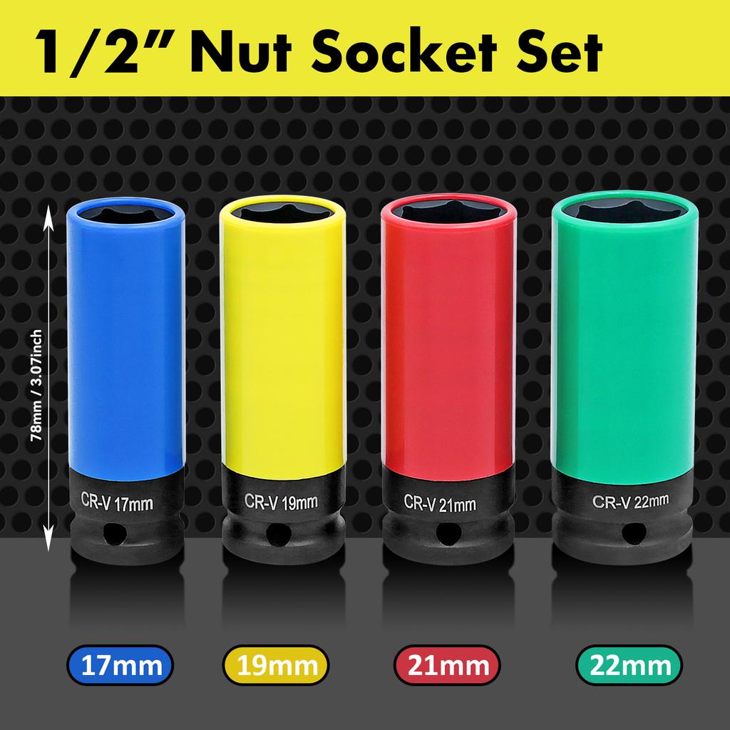 1/2" Drive Lug Nut Socket Set Drive Wheel Socket Auto Repair Protector Impact Sleeve Set 15mm, 17mm, 19mm, 21mm, and 22mm