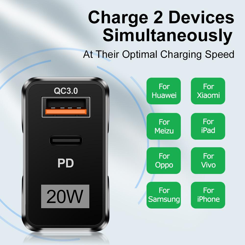 QC3.0+PD 20W Fast Charger: EU/US/UK Plug, High Power Quick Charge