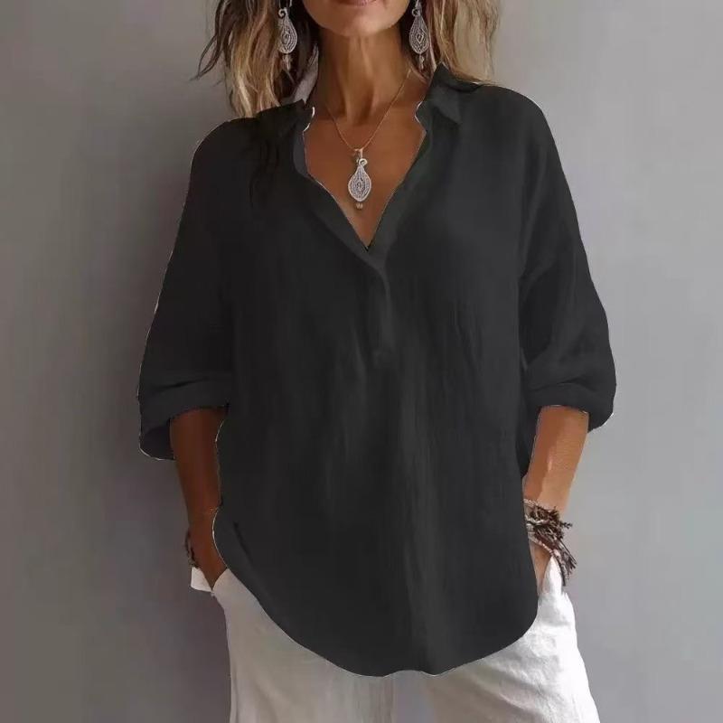 Women's Spring Summer Plus Size Blouse, Solid Color V-Neck Long Sleeve Loose Casual Shirt Top