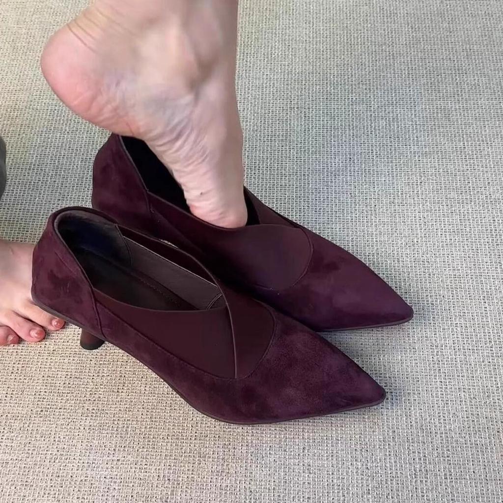 2025 Retro Pointed Thin Heeled Short Boots with Kitten Heels Ankle Boots, Combined with Elastic Deep Cut High Heels for Women