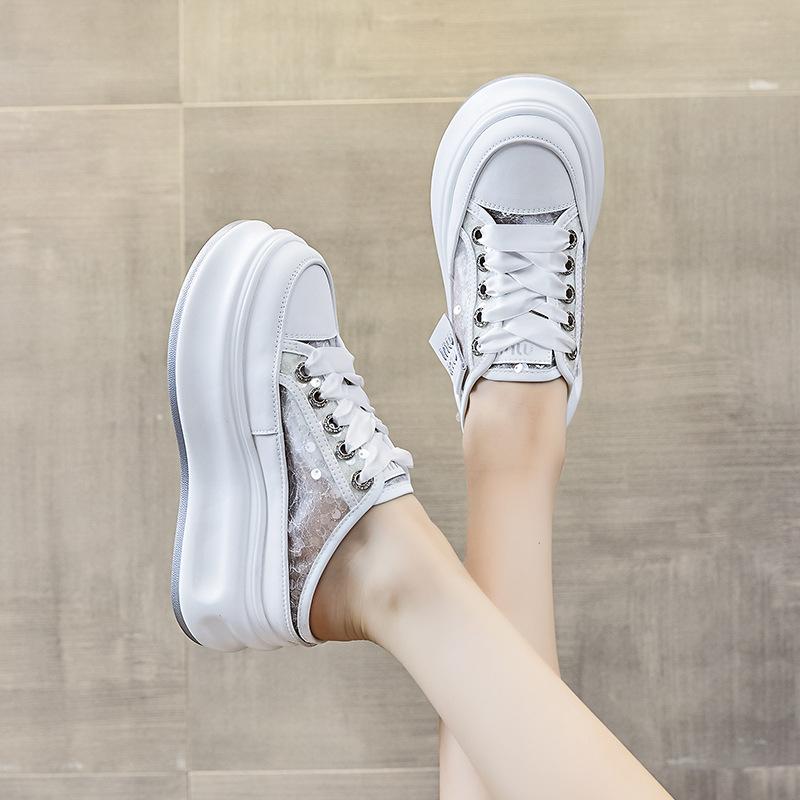 Nuove pantofole con plateau casual rialzate per primavera ed estate, scarpe da donna sottili in pelle, pantofole muffin fredde versatili